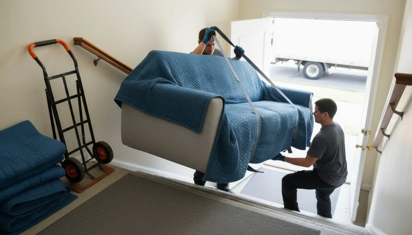 To flyttefolk bærer en grå sofa ned ad en opgang, pakket ind i flyttetæpper og sikret med stropper.