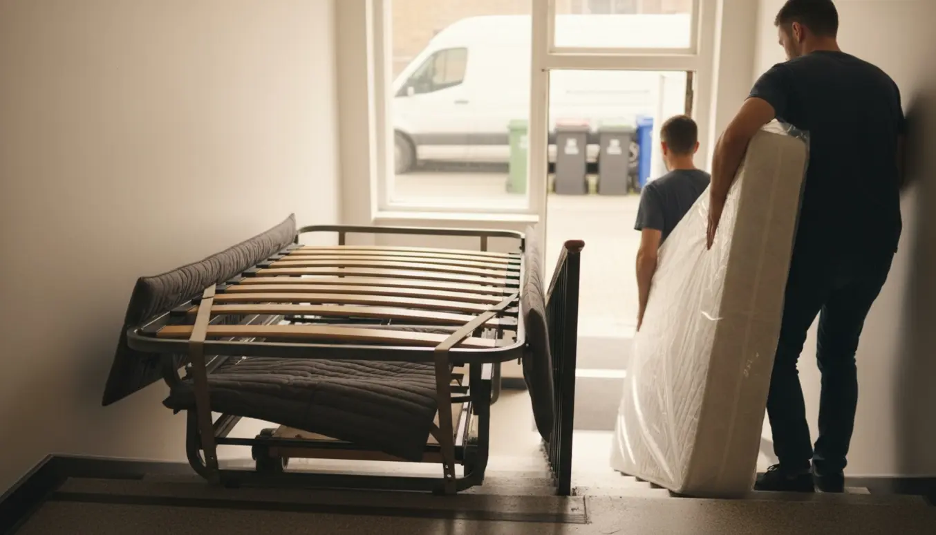 En enkeltseng med elevationsbund og madras bæres ned ad en lys opgang klar til aflevering på genbrugsplads.