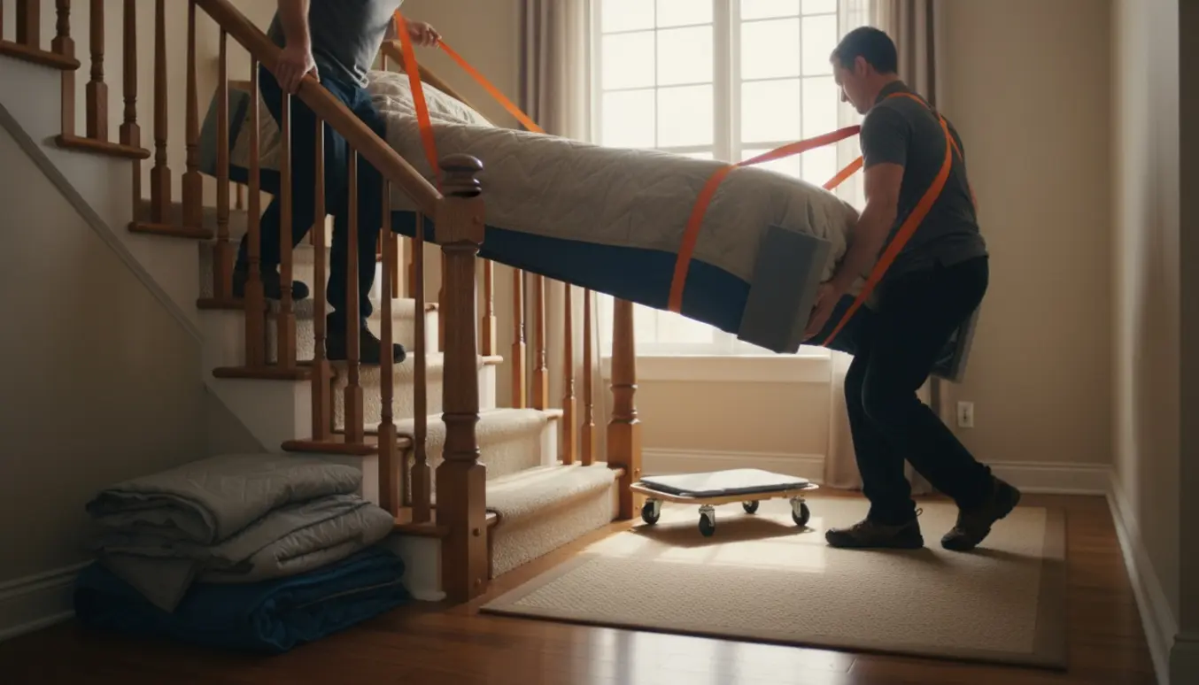 To personer flytter en indpakket seng ned ad en trætrappe i et lyst hjem.