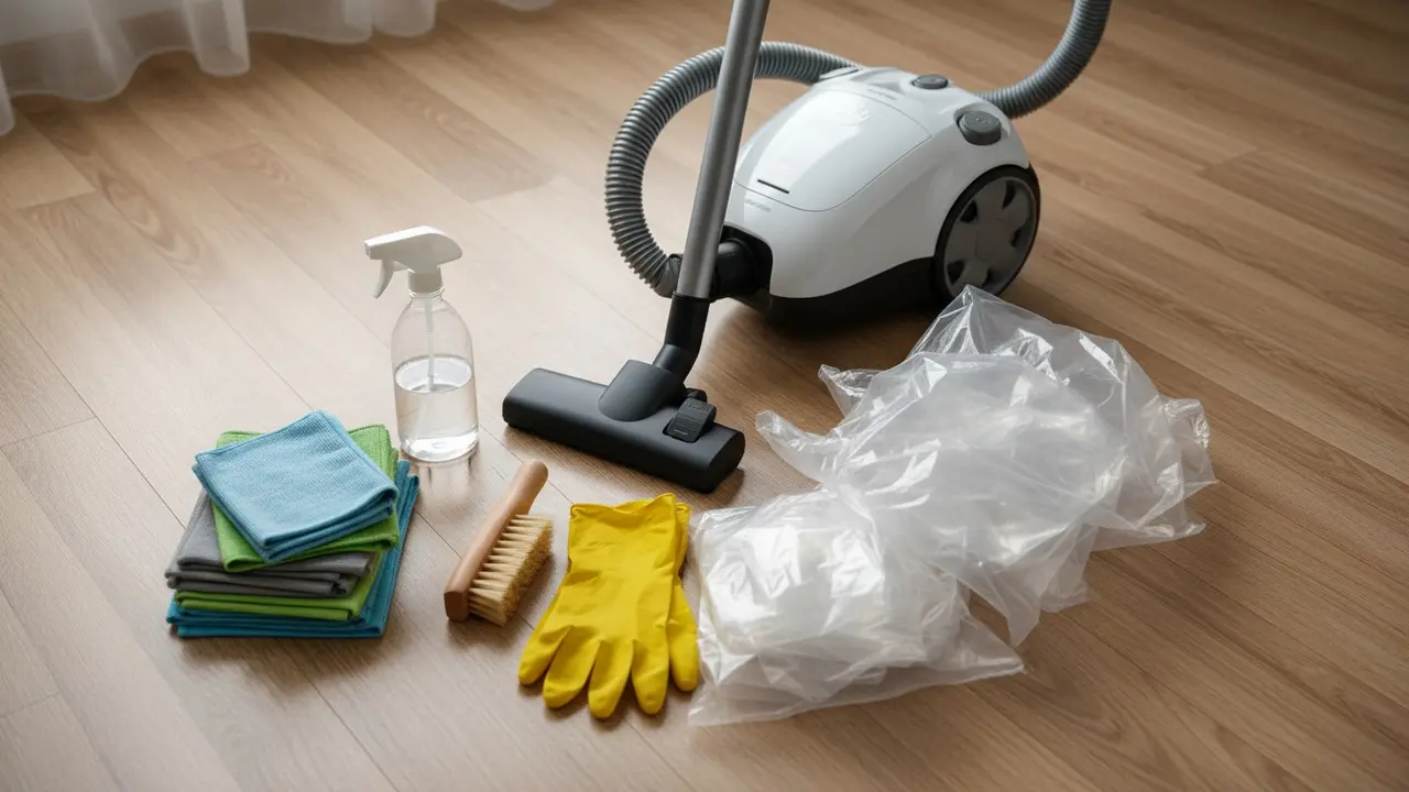 Rengøringsudstyr: støvsuger med mundstykke, mikrofiberklude, eddikeflaske og plastposer