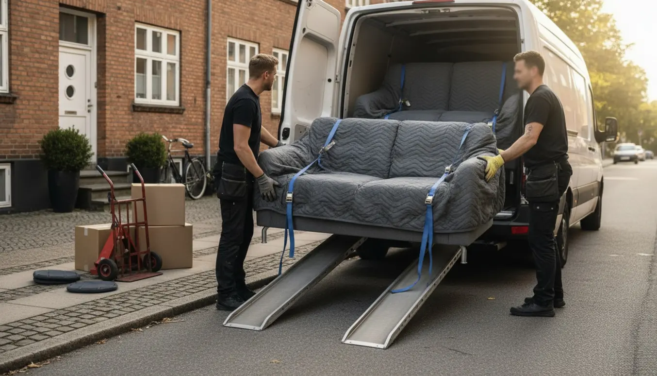 To 2-personers sofaer pakkes ind og læsses i en varevogn på en Frederiksberg-gade med flyttetæpper og dolly.