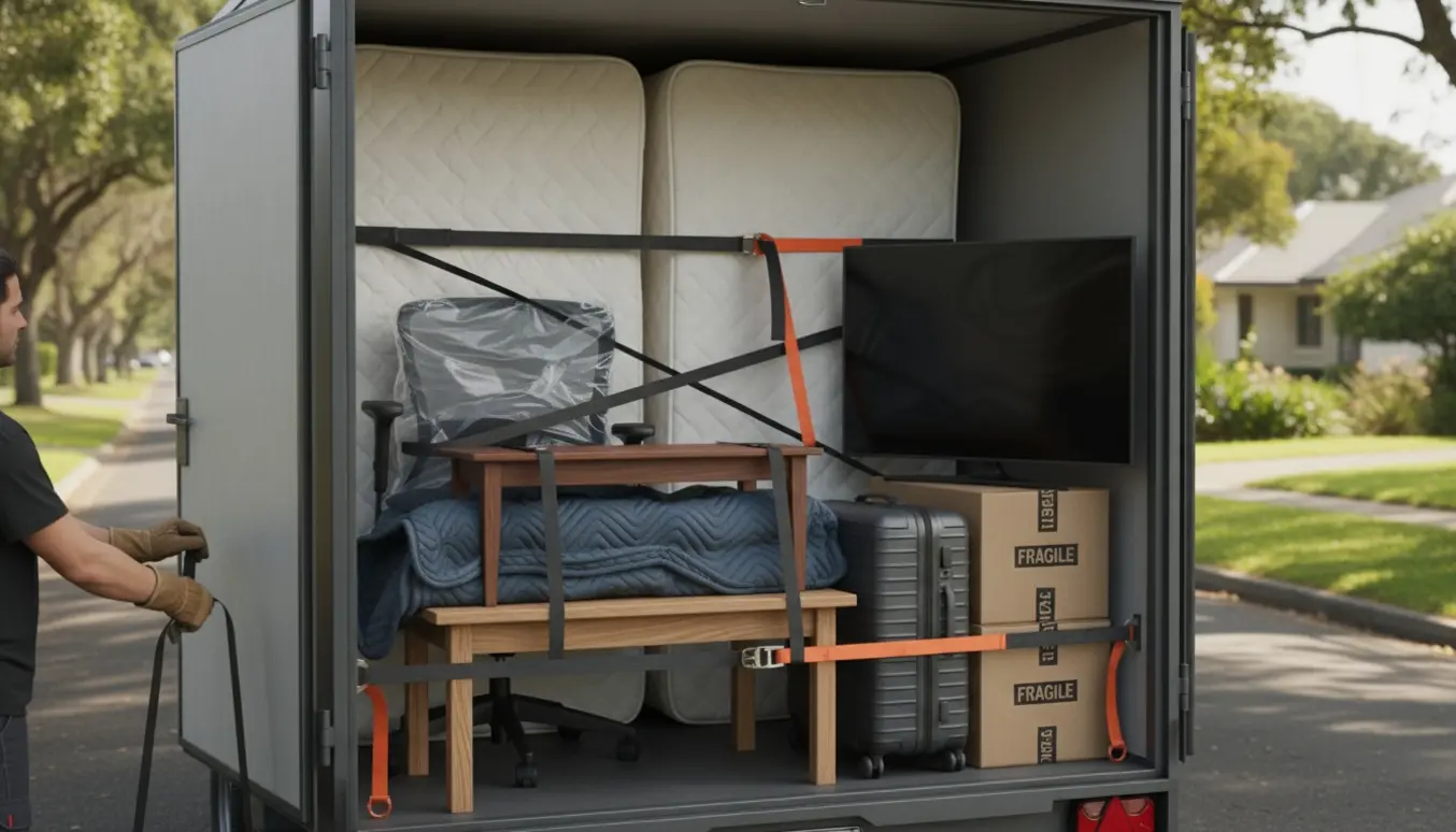 Åben trailer pakket med to boxmadrasser, sofabord, konsolbord, kontorstol, TV, to flyttekasser og en kuffert.