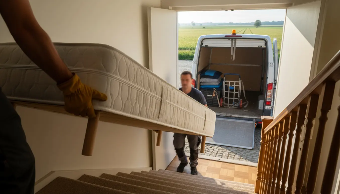 To personer bærer en enkelt madras med ben op ad en trappe, mens en flyttebil står parkeret udenfor.
