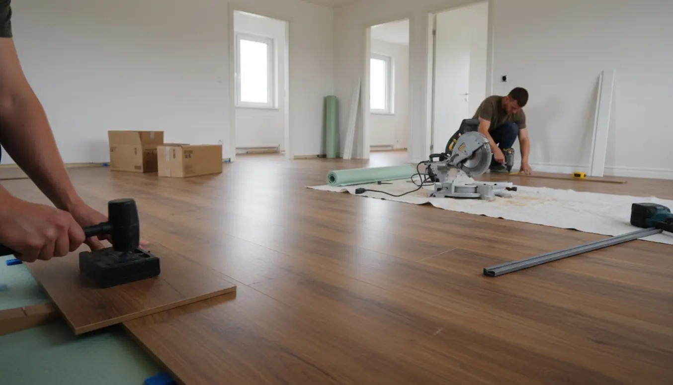 Nærbillede af hænder, der lægger laminatgulv og monterer fodlister i et lyst hjem.