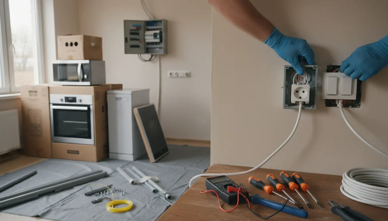 Elektriker installerer nye dobbelte stikkontakter og afbrydere i et køkken under renovering med værktøj og pakkede hvidevarer i baggrunden.