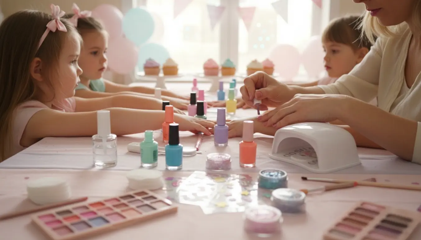 Nærbillede af børnehænder, der får let make-up og neglelak ved et pastelfarvet fødselsdagsbord.