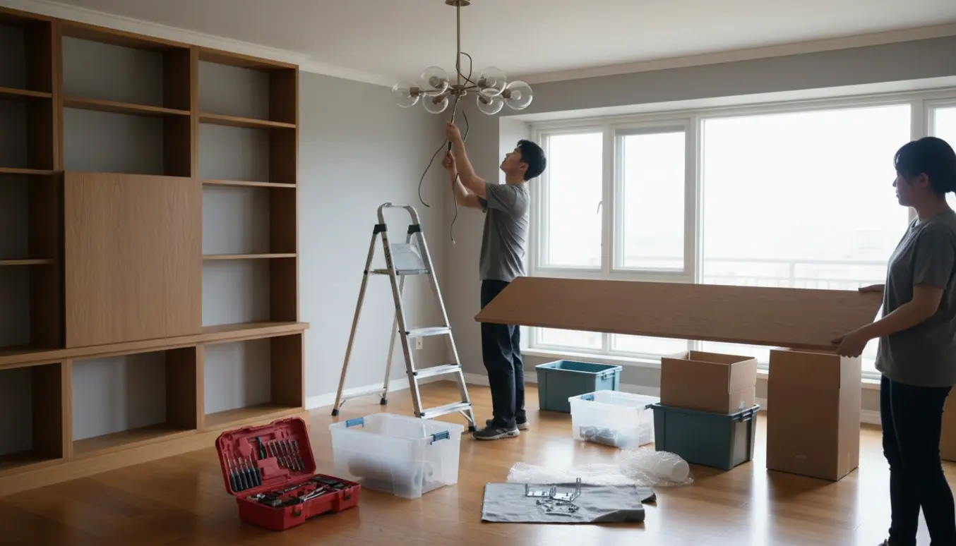 Hænder tager en lampe ned og nedtager hylder i en ryddet lejlighed med værktøj på gulvet.