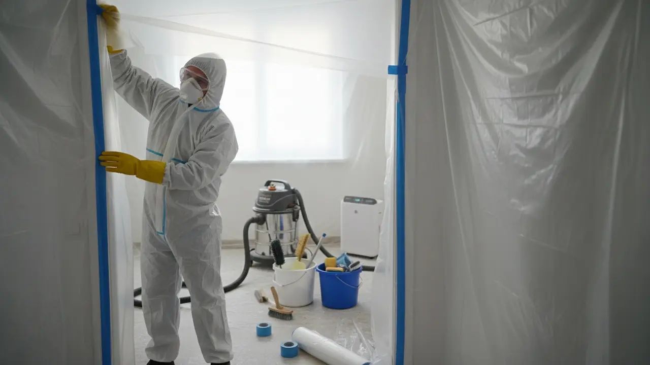 Person iført P2-maske, beskyttelsesbriller og handsker isolerer rum med plastik og tape klar til sanering
