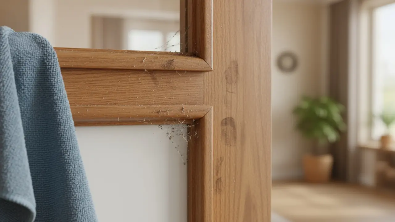 Nærbillede af snavset trækarm med fedtfingre og en mikrofiberklud