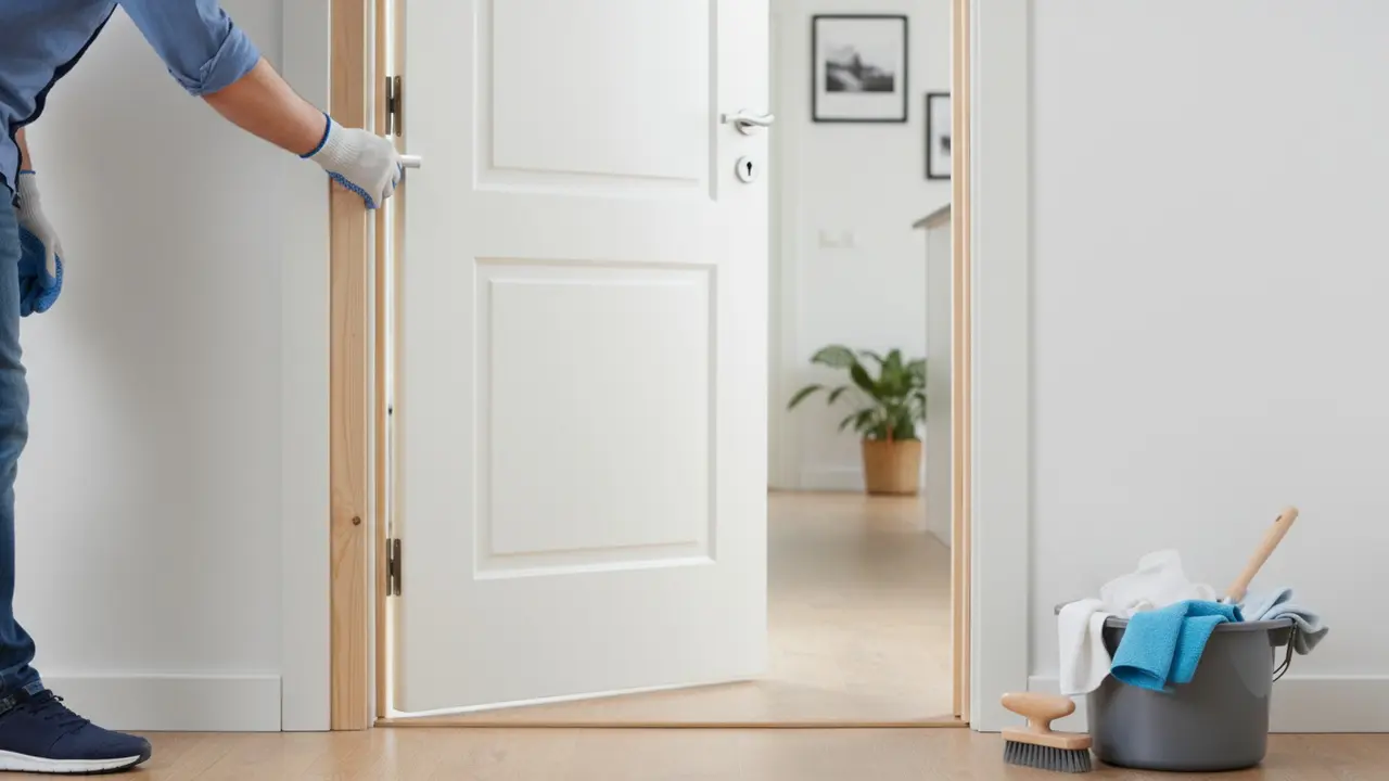 Person åbner døren helt med rengøringsspand og klude ved siden af