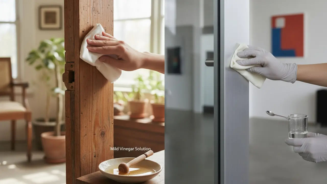 Splitbillede: blid rengøring af trækarm til venstre og forsigtig aftørring af metalkarm til højre