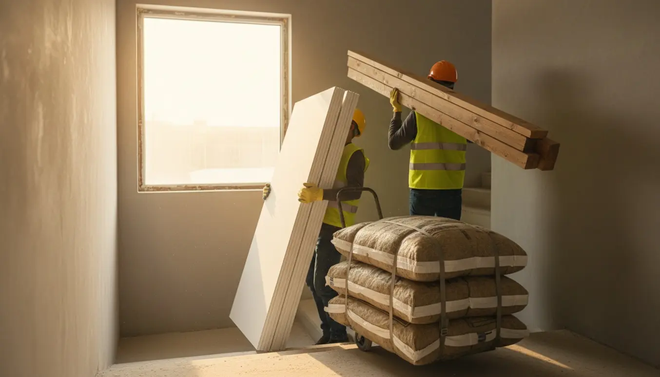 To håndværkere bærer fibergipsplader, reglar og isoleringsposer op ad en trappe i morgensol.