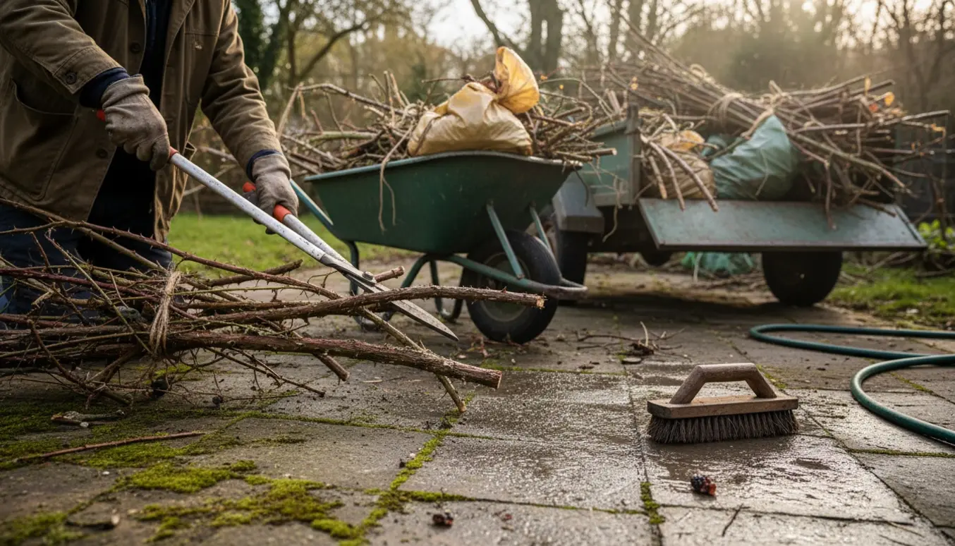 Havearbejde med fjernelse af brombær, trailer med haveaffald og mosrensede fliser.