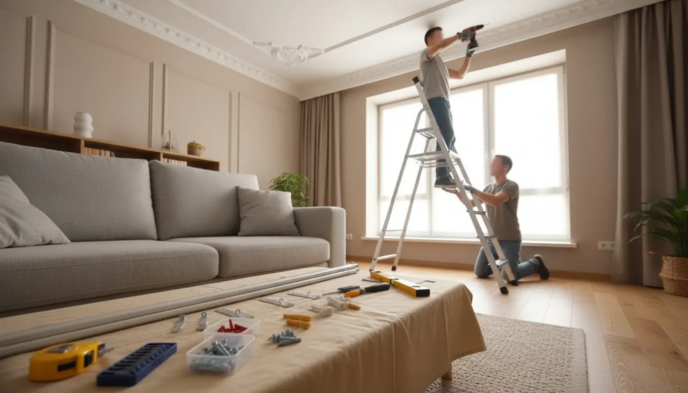 Stue med en stige og hænder, hvor værktøj bruges til at montere en gardinstang over et højt vindue.