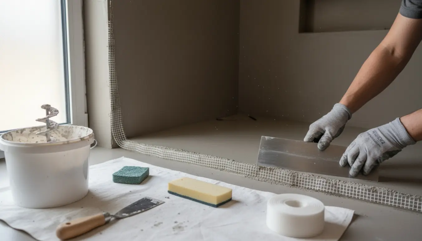 Nærbillede af påføring af microcement og fiber i en moderne bruser, med værktøj og glatte sømløse overflader.