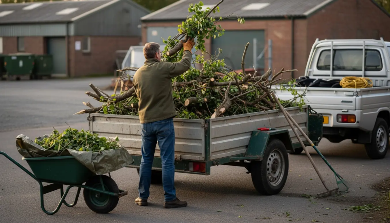 To store bunker haveaffald med grene og løv læsses på en trailer ved indkørslen i blødt naturligt lys.
