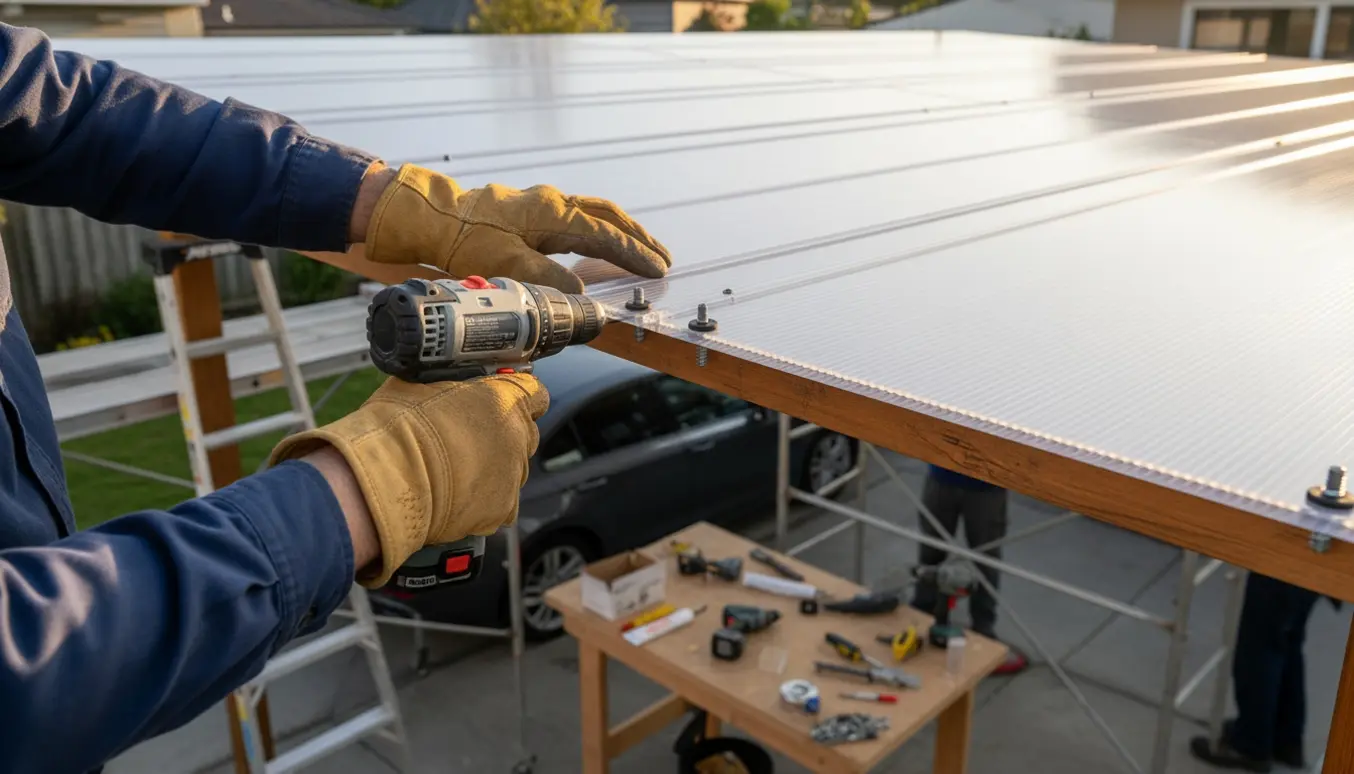Tykt klart polycarbonattag bliver monteret på en carport med fokus på håndværkerens hænder og skruemaskine.