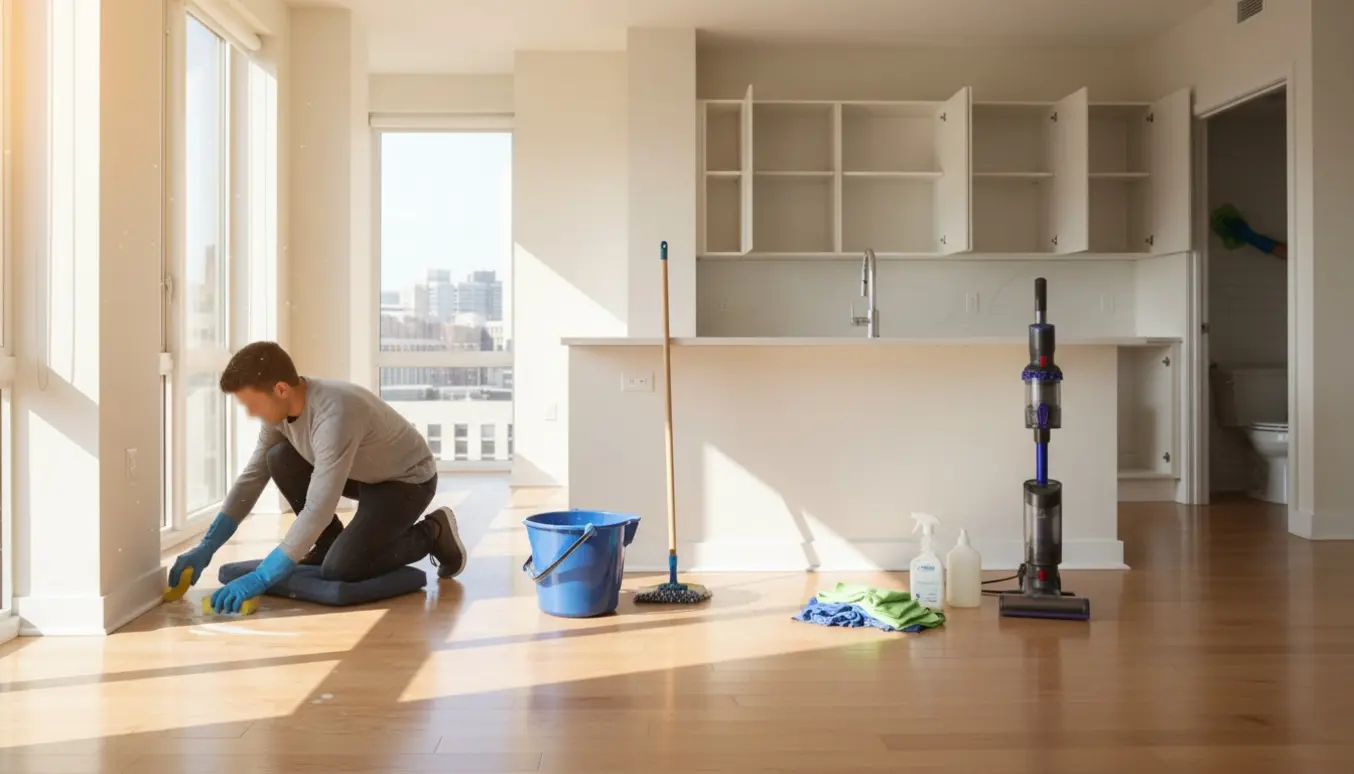 Grundig fraflytningsrengøring i en lys, tom lejlighed med hænder, der skrubber fodpaneler og rengøringsudstyr i forgrunden.