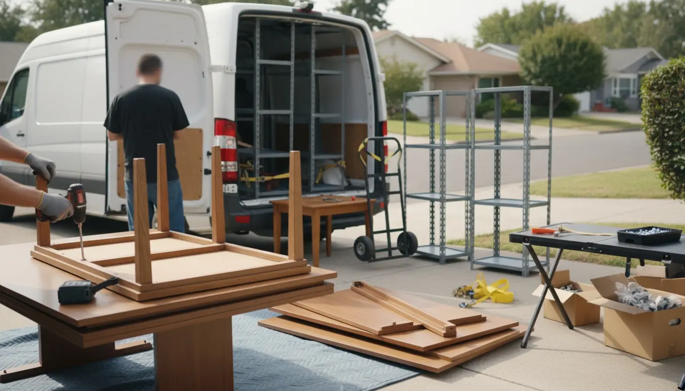 Hænder i handsker skruer ben af et konferencebord foran en åben hvid varevogn klar til bortskaffelse.