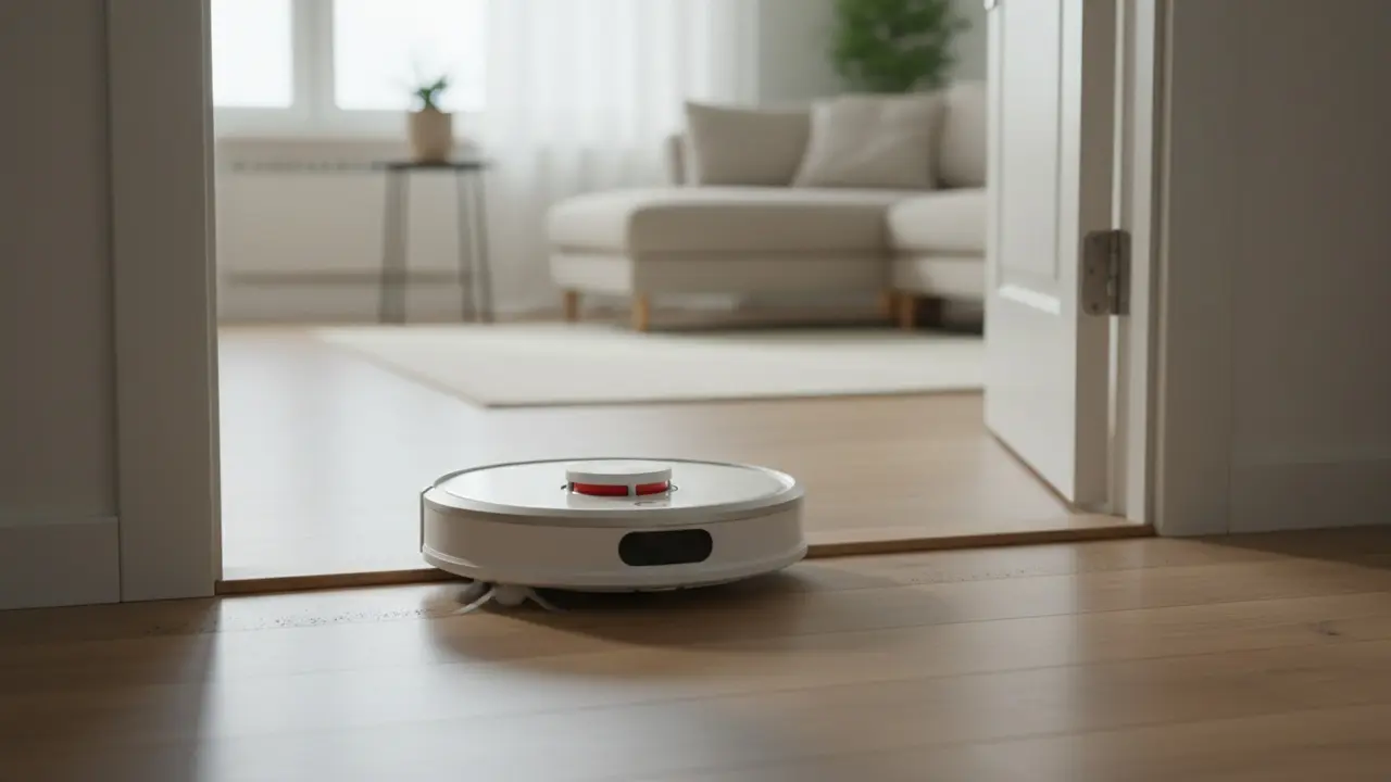 Robotstøvsuger nær dørkarm i ryddeligt rum med sidebørste synlig.