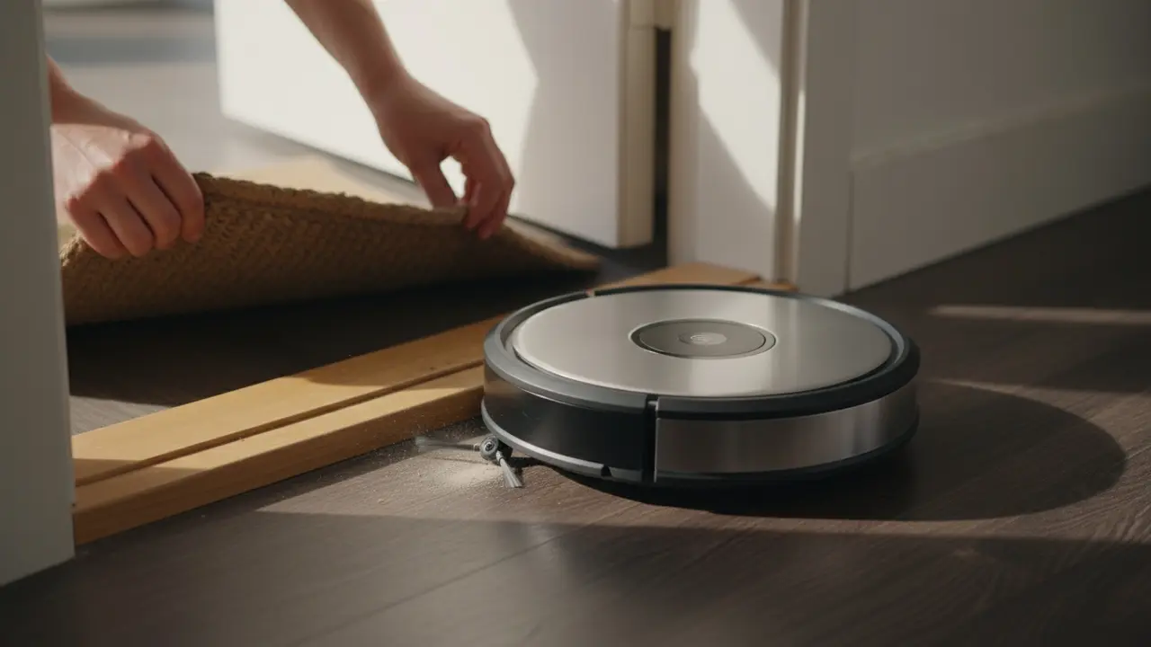 Person fjerner dørmåtte mens robotstøvsuger følger kanten ved en dørkarm.