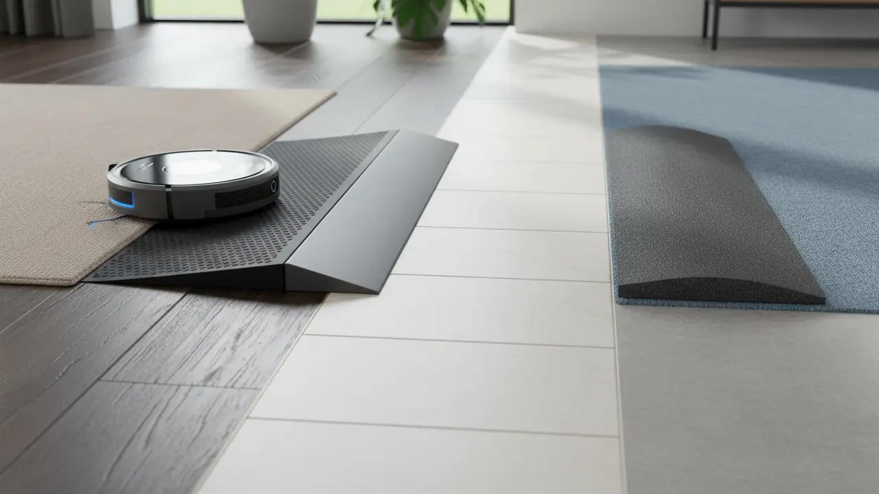 Forskellige dørtrinsramper (gummi, plast, skum) lagt ved dørkarme med robot, der krydser en ramp.