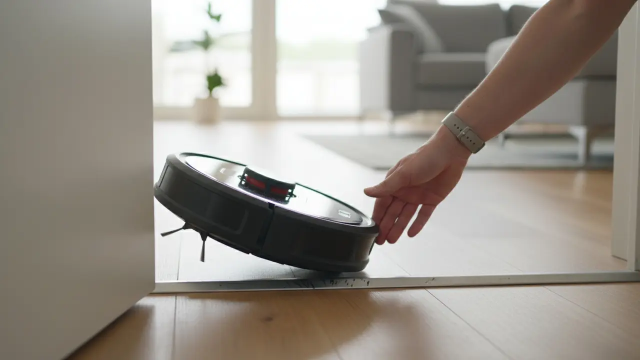 Robotstøvsuger fastklemt på højt dørtrin, forhjul løftet og hånd rækker ud for at hjælpe.