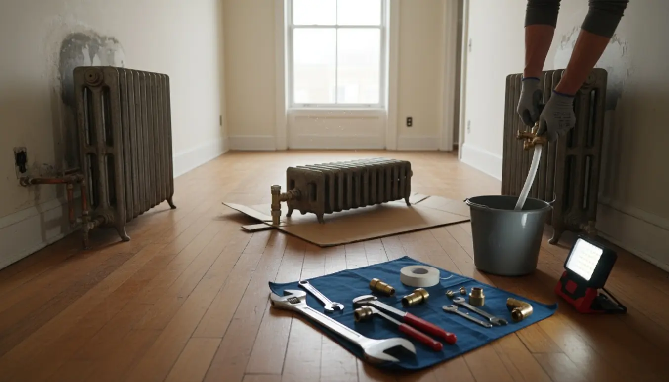 Tre radiatorer under nedtagning i et ryddet rum med værktøj, tømmeslange og nye ventiler klar.