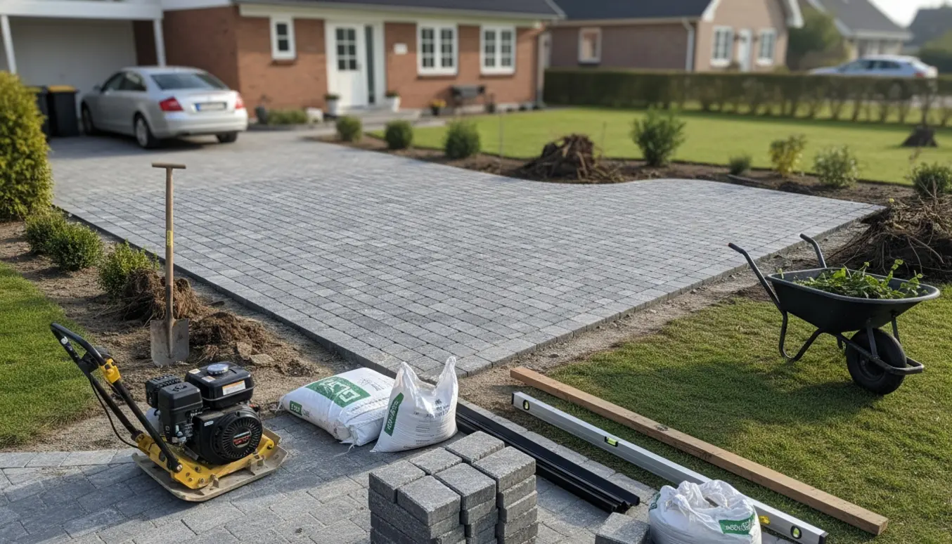 Nyudvidet indkørsel med grå herregårdssten, parkeringsplads og plads til affaldsbeholdere ved ryddet busk- og græsareal.