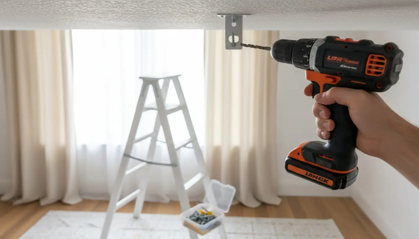 Nærbillede af hænder, der borer og monterer et gardinstangbeslag i loftet med bor og skruer.