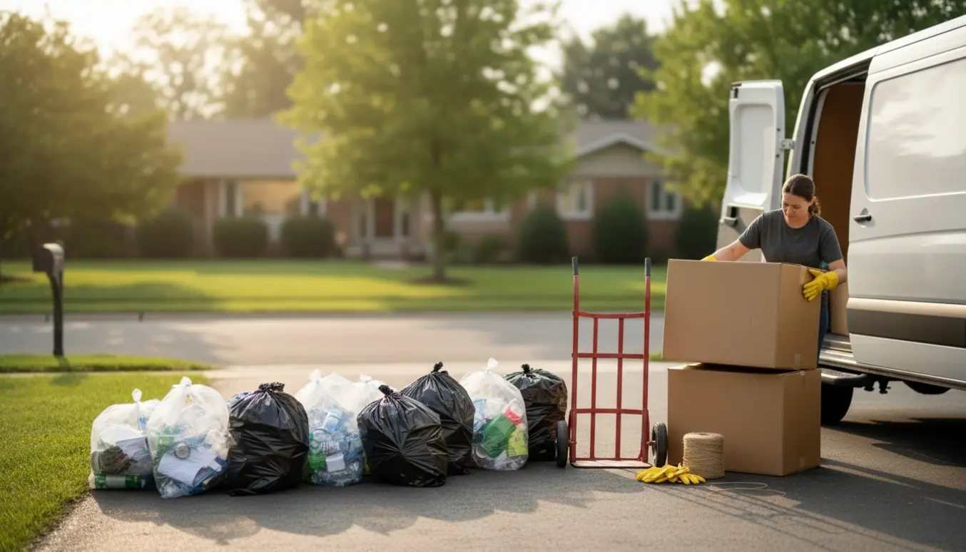 Store papkasser og flere poser med affald og genbrug klar ved indkørslen ved en åben varevogn.