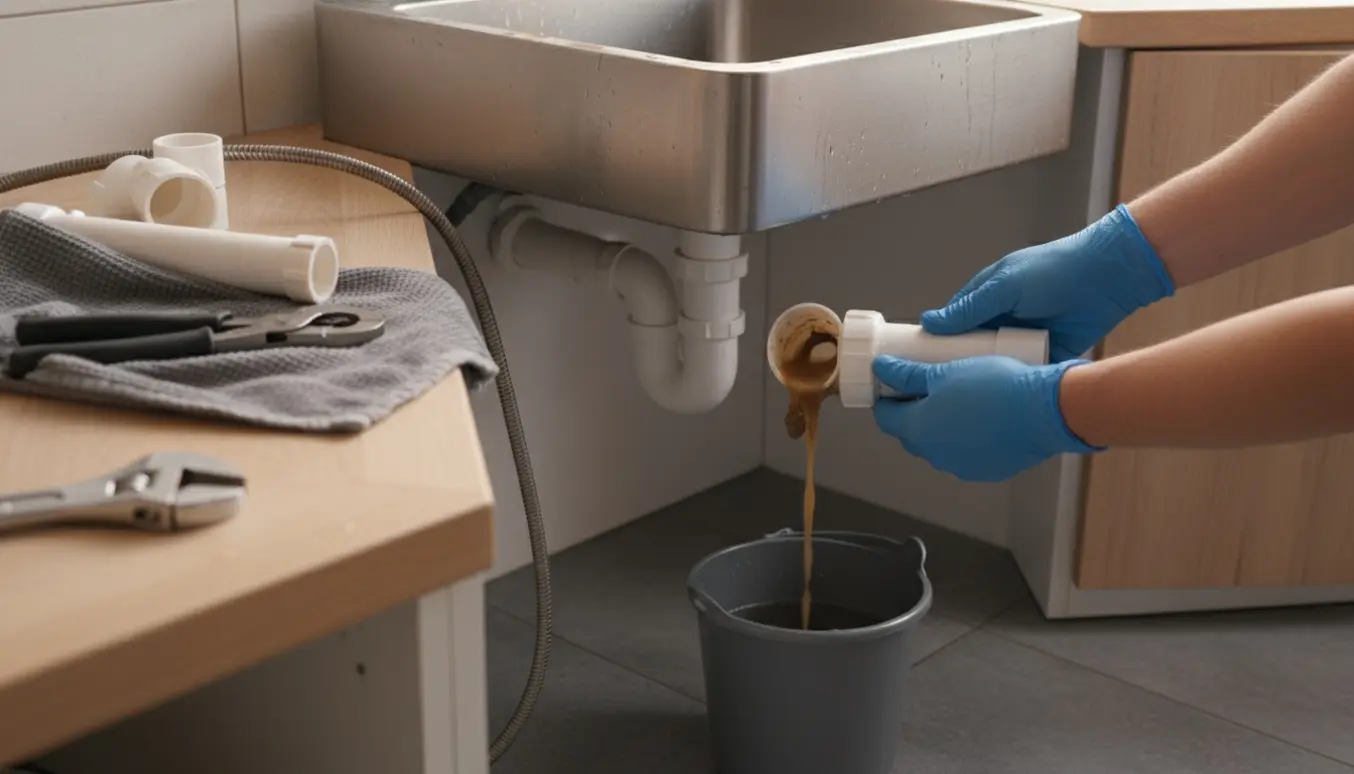 Nære hænder i handsker renser en åben vandlås under køkkenvasken med en bøtte og værktøj.