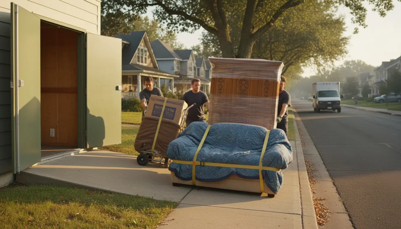 Flyttefolk bærer sofa, seng og karlekammerskab langs fortovet mod en stueetage med niveaufri indgang.