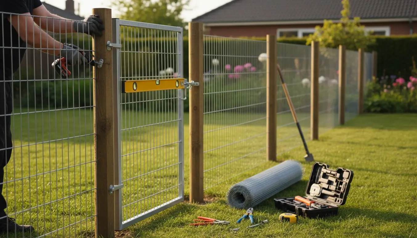 Nyopsat trådhegn med en nyligt monteret låge, værktøj og hænder der fastgør hængsler.