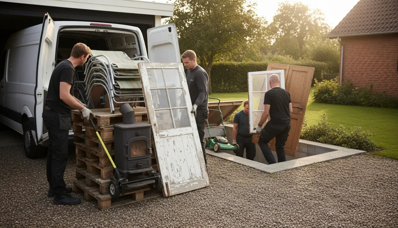 Varebil læsses med paller, solsenge, plæneklipper, gammel havedør og brændeovn ved carport, mens vindue og døre bæres op fra kælderen.