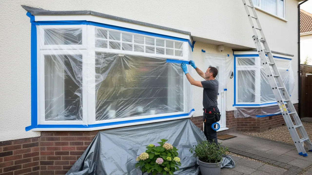 Person dækker vinduer, dør og planter med plastik og tape foran husets facade.