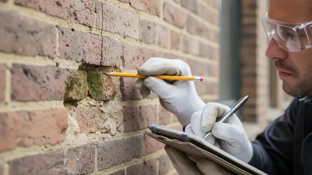 Nærbillede af person, der inspicerer revner, alger og løse murfuger på facade.