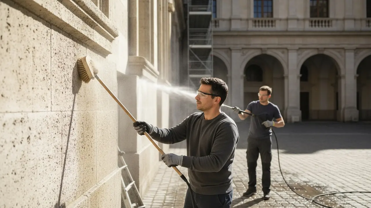 Person bruger blød børste og anden person højtryksspuler med sikker afstand ved facaderengøring.