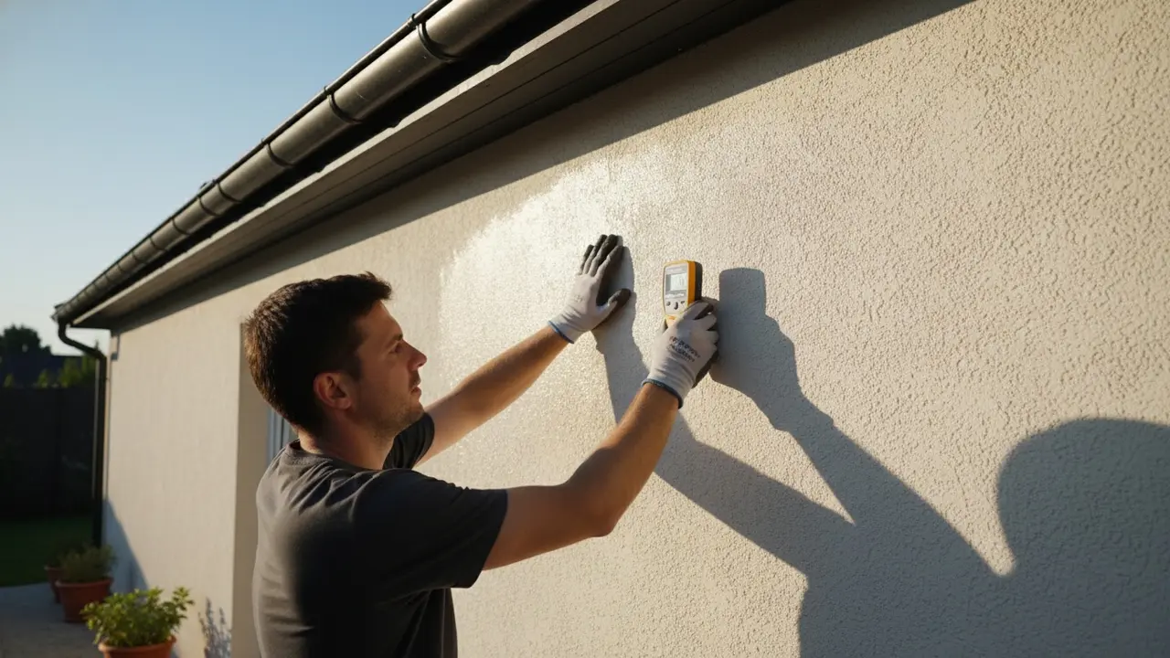 Rengjort facade i solskin mens person måler fugtigheden før efterbehandling.