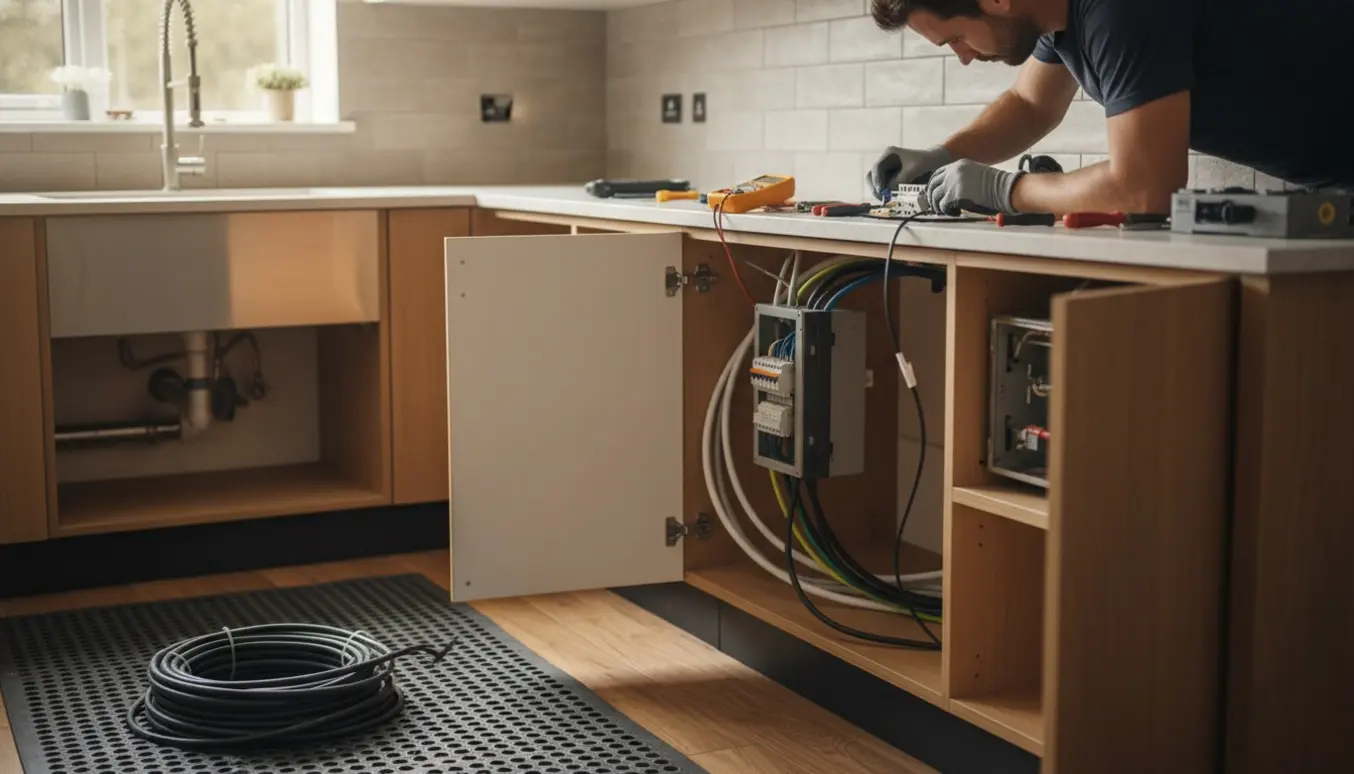 Elektriker installerer ny eltavle og fører to dedikerede el-grupper ind i et delvist monteret køkken.