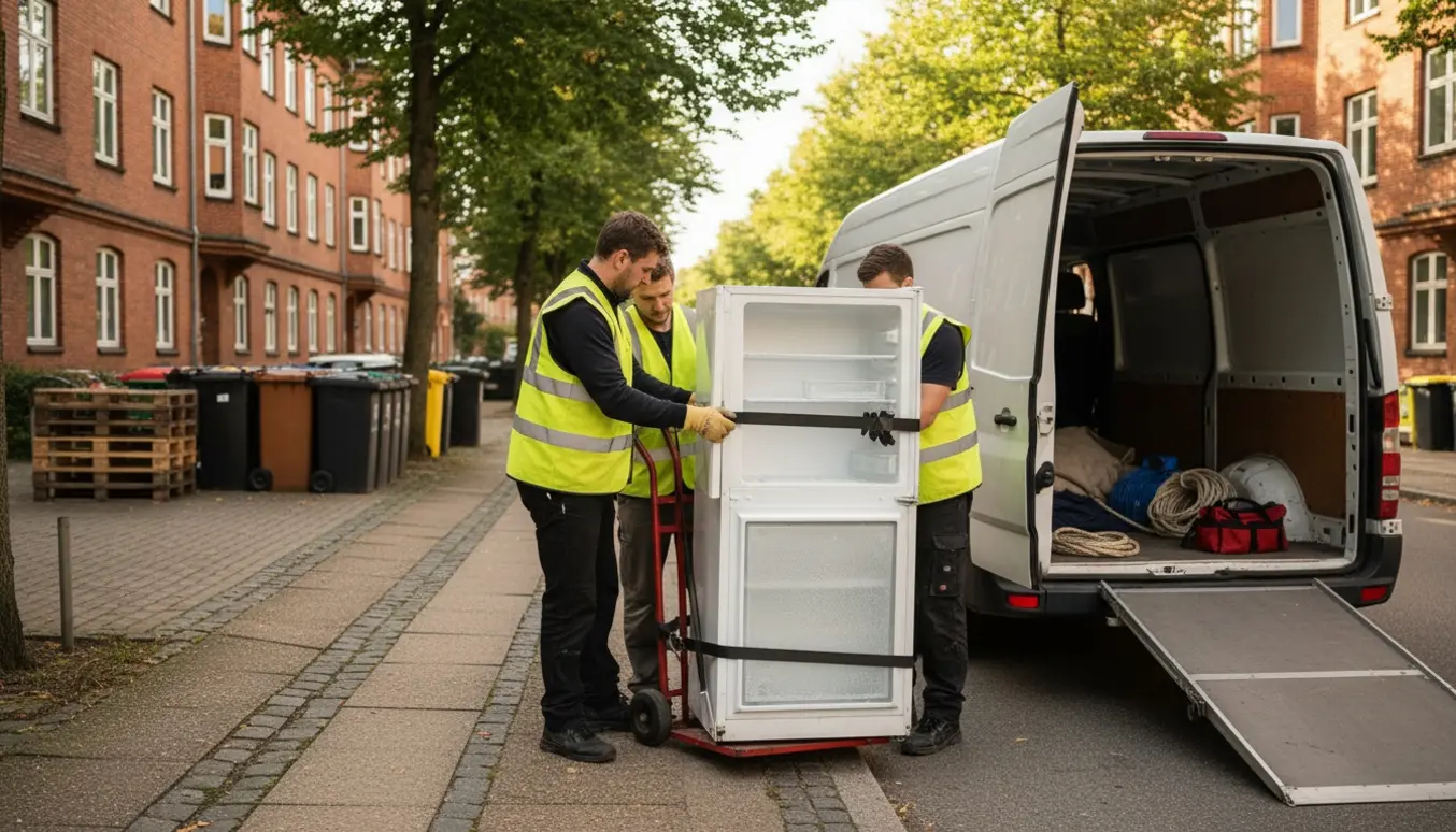 Et defekt kølefryseskab læsses på en varevogn på en rolig Frederiksberg-gade.