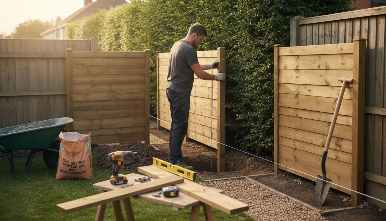 To firkantede træhegn opsættes i en lille have ved en ubevægelig hæk med værktøj og materialer ved siden af.