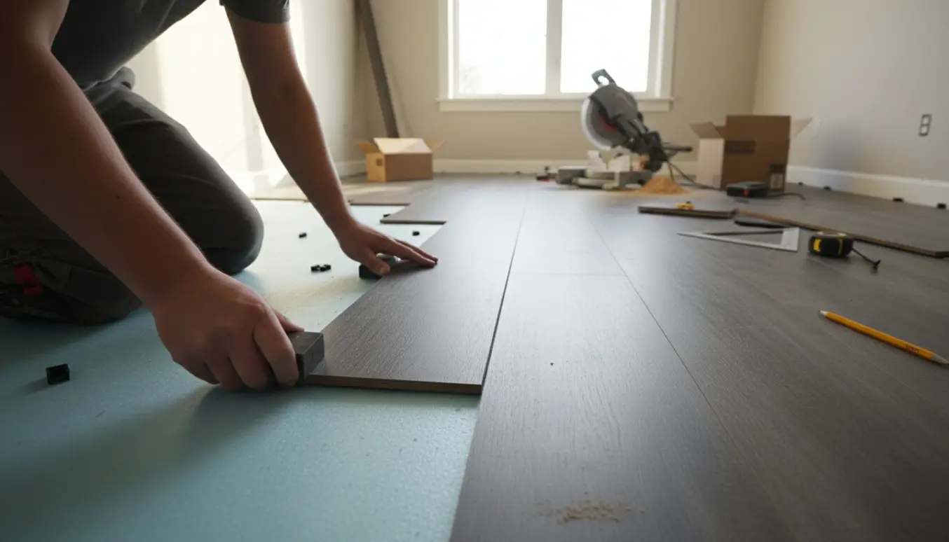 Nærbillede af montering af mørkegråt laminatgulv i en lys lejlighed med værktøj og planker omkring.