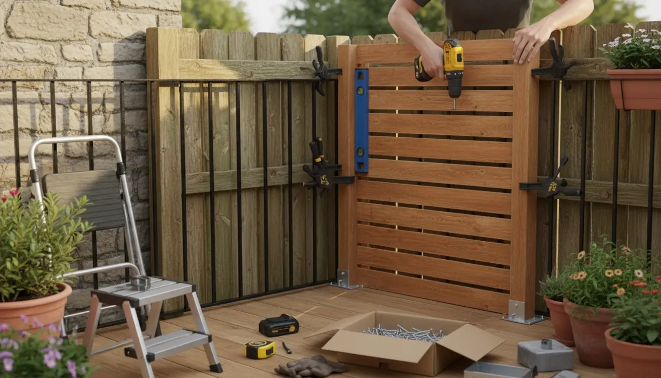 Håndværker monterer et træ læhegn på en terrasse i vinkel med boremaskine, med en rollator i baggrunden.