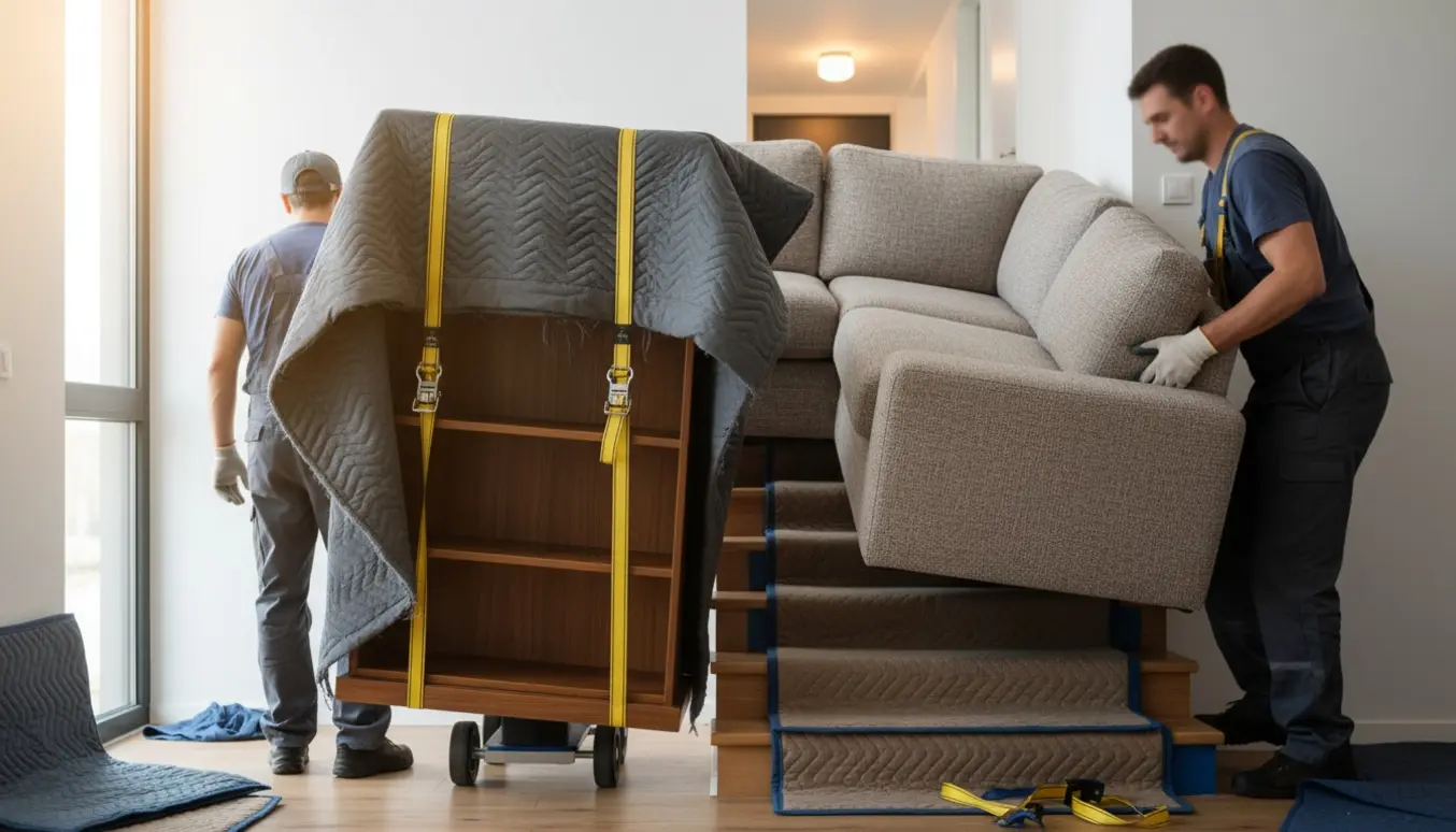 To flyttefolk bærer en 150 cm reol ned ad en smal seks-trins trappe, mens en stor 4-delt hjørnesofa bæres op, ansigter ikke synlige.