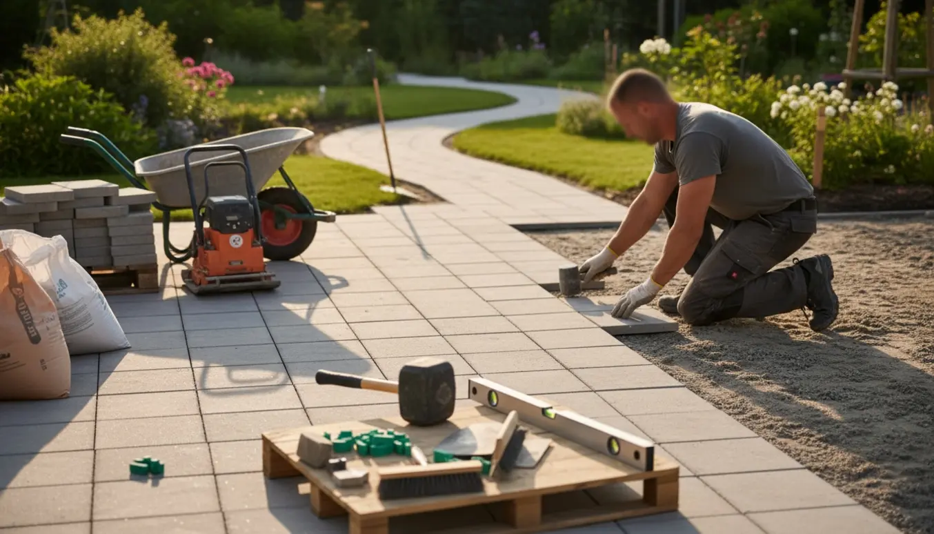 En fliselægger fra siden lægger 40x40 cm fliser på terrasse og sti med værktøj og materialer i baggrunden.