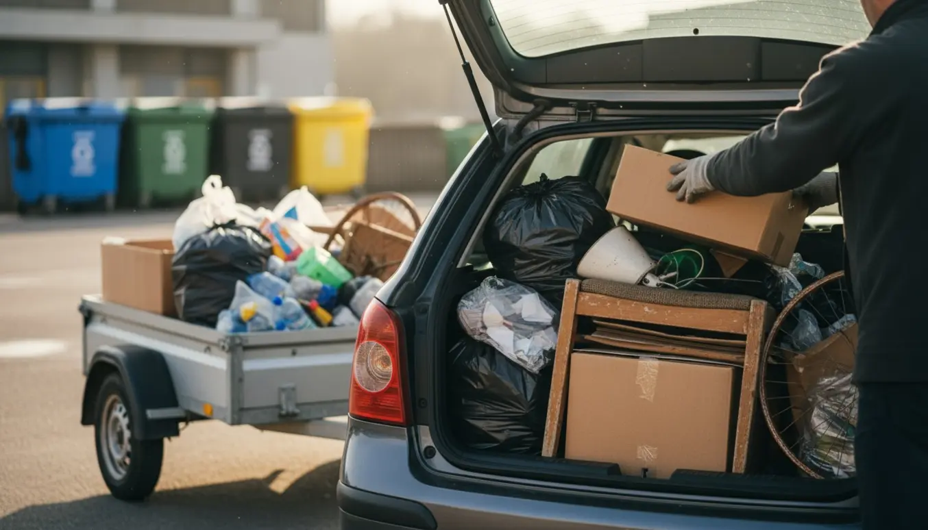 Bil og trailer fyldt med blandet affald, klar til aflevering på genbrugspladsen.