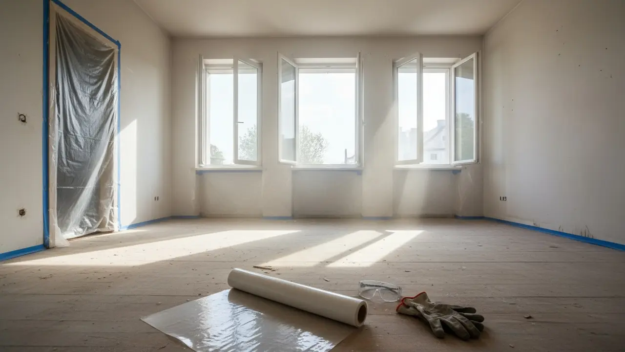 Rydet rum med afdækning, åbne vinduer og værneudstyr klar til gulvarbejde