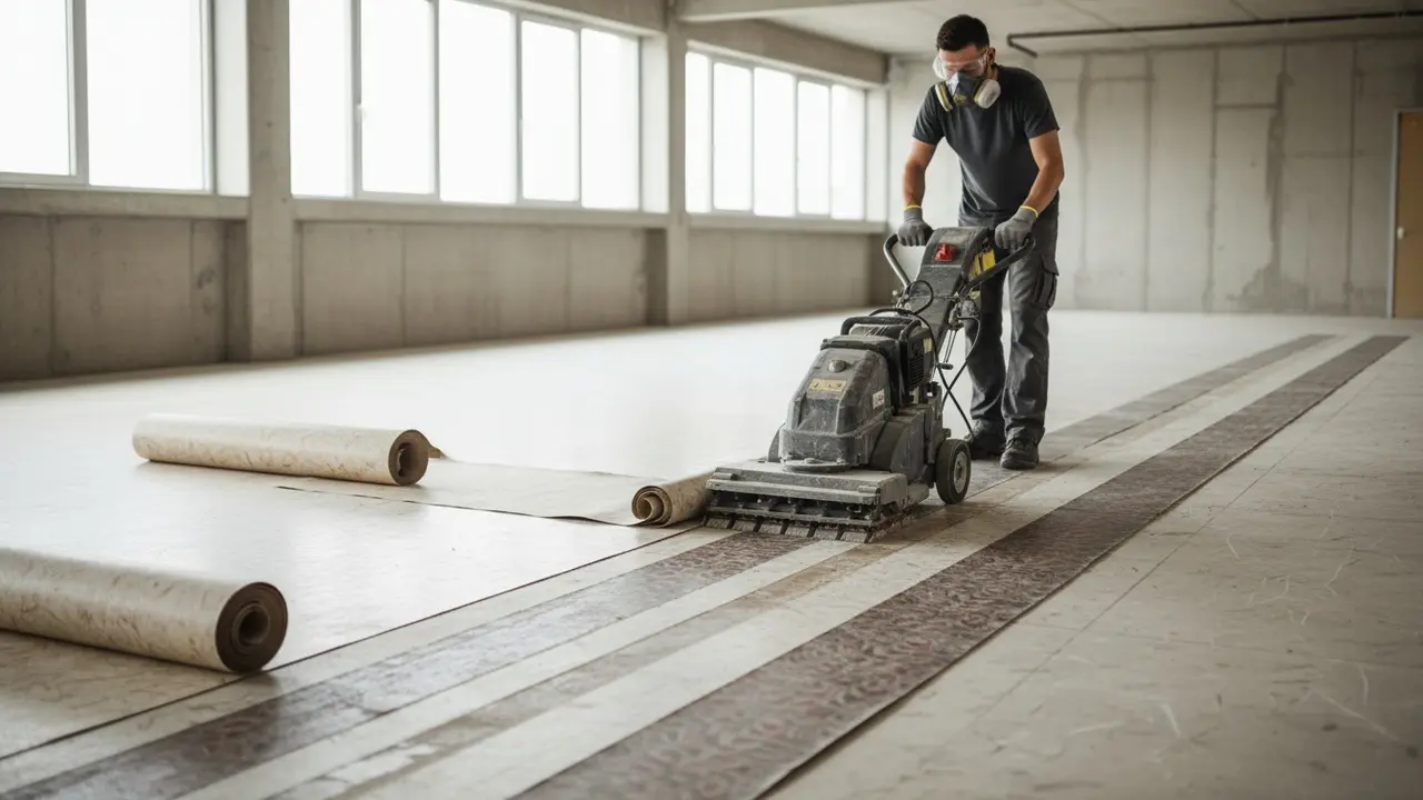 Håndværker bruger gulvstripper til at løsne linoleum i parallelle baner med sikkerhedsudstyr