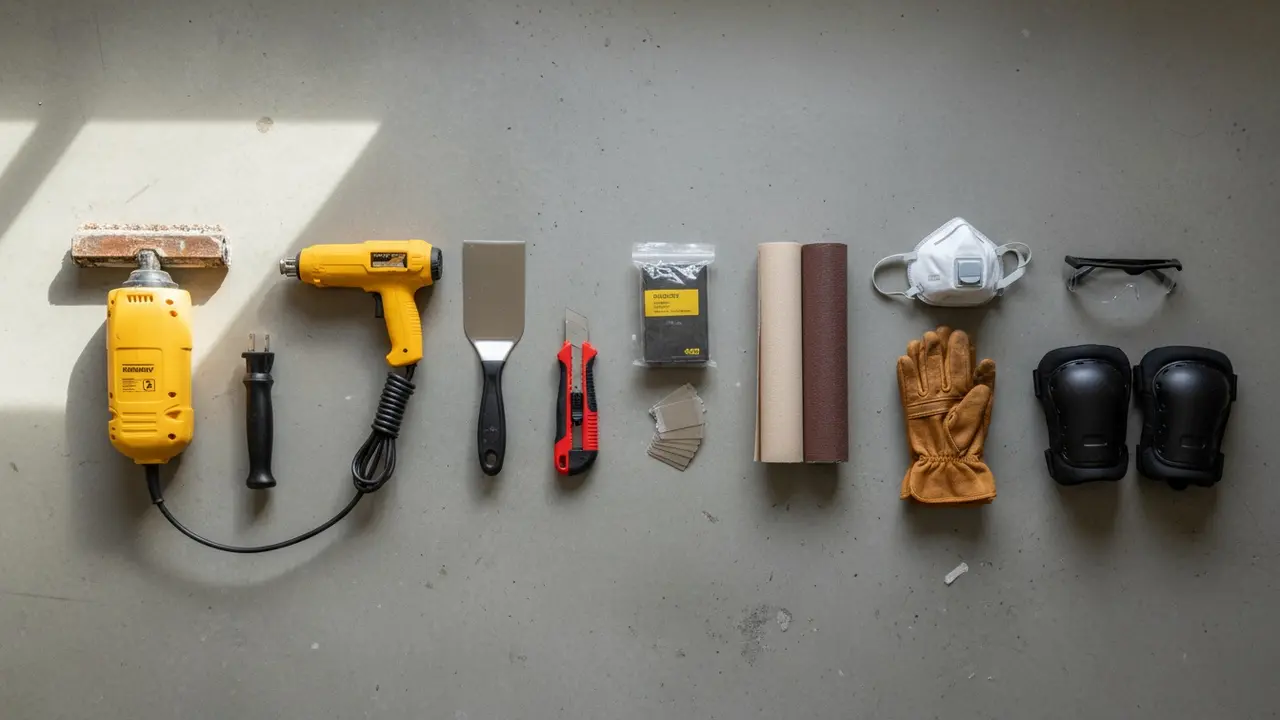 Oversigt over værktøj: gulvstripper, varmluftpistol, spartler, kniv, slibepapir og beskyttelse